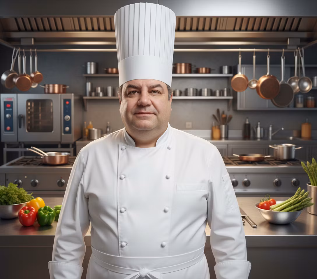 Yuliya Haboyan – Transform this man into a super professional chef. Replace his casual striped shirt with a pristine white chef's jack…