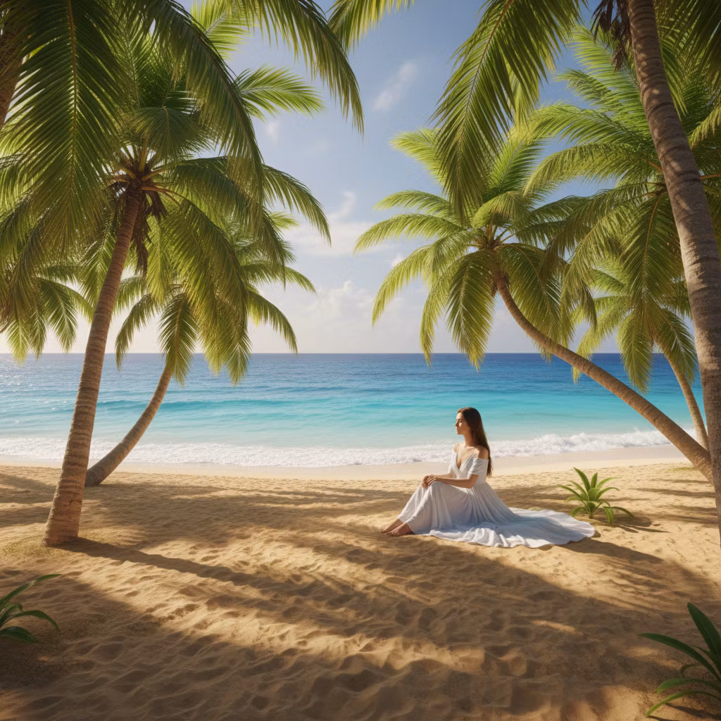 Лариса Примоченко – A serene young woman sitting gracefully on a tropical beach, surrounded by tall swaying palm trees with lush green fr…