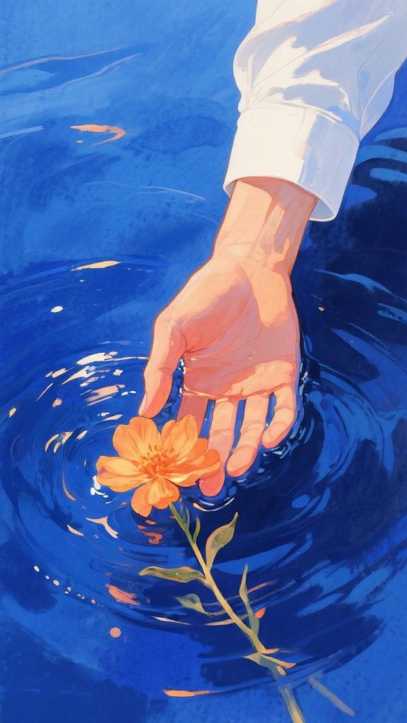 Dz.kc – Close-up vertical artwork. A single human hand, partially submerged in deep indigo-blue water, gently holding a softl…