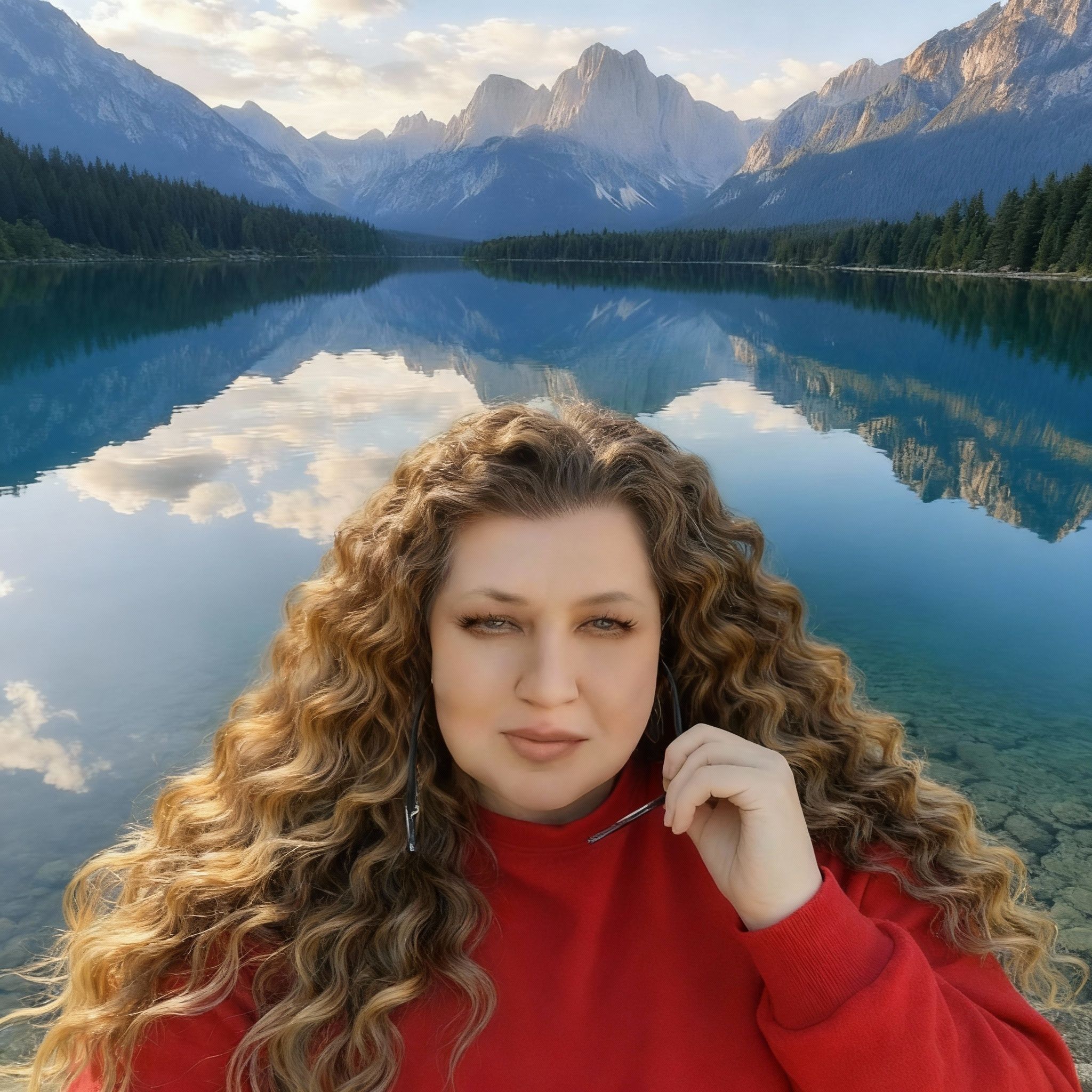 Жанна Соколюк – Change the subject's hairstyle to long, voluminous curly hair that cascades down to the shoulders and beyond, with lo…