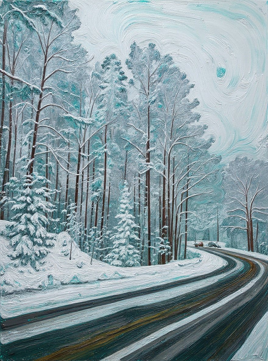 Mari – Transform this winter forest photograph into an oil painting masterpiece with bold, expressive brushstrokes. Paint th…