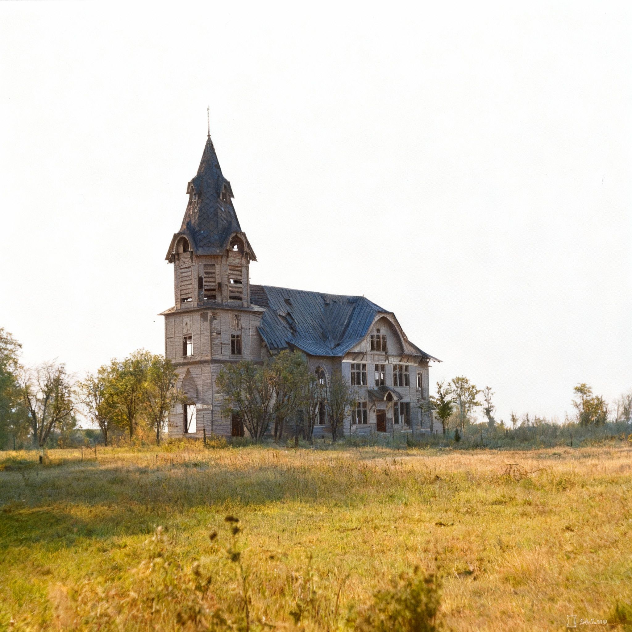 Кирилл Отраднов – Colorize this historical black and white photograph of a solitary weathered wooden church on a flat grassy plain with…