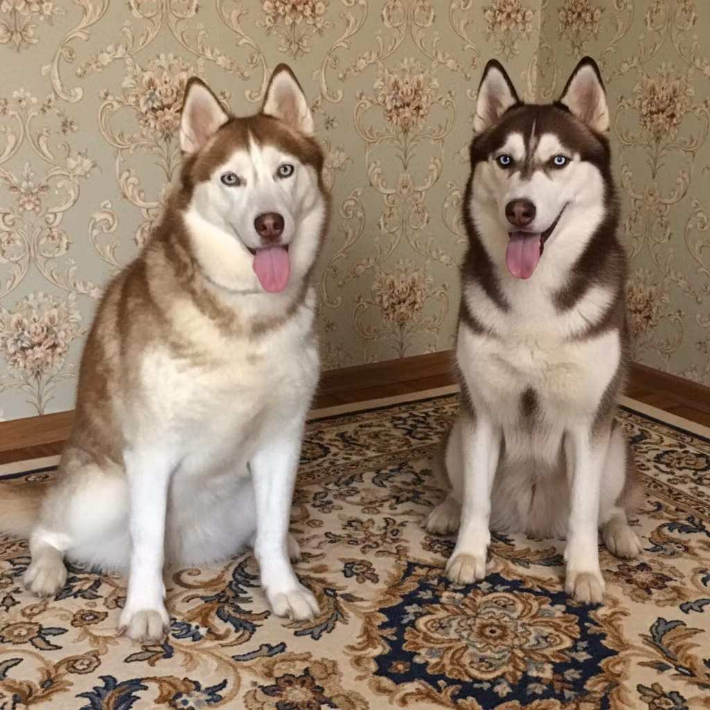 Светлана – Transform this image to show the two Husky dogs sitting on a beautiful ornate rug instead of the wooden floor. Add el…