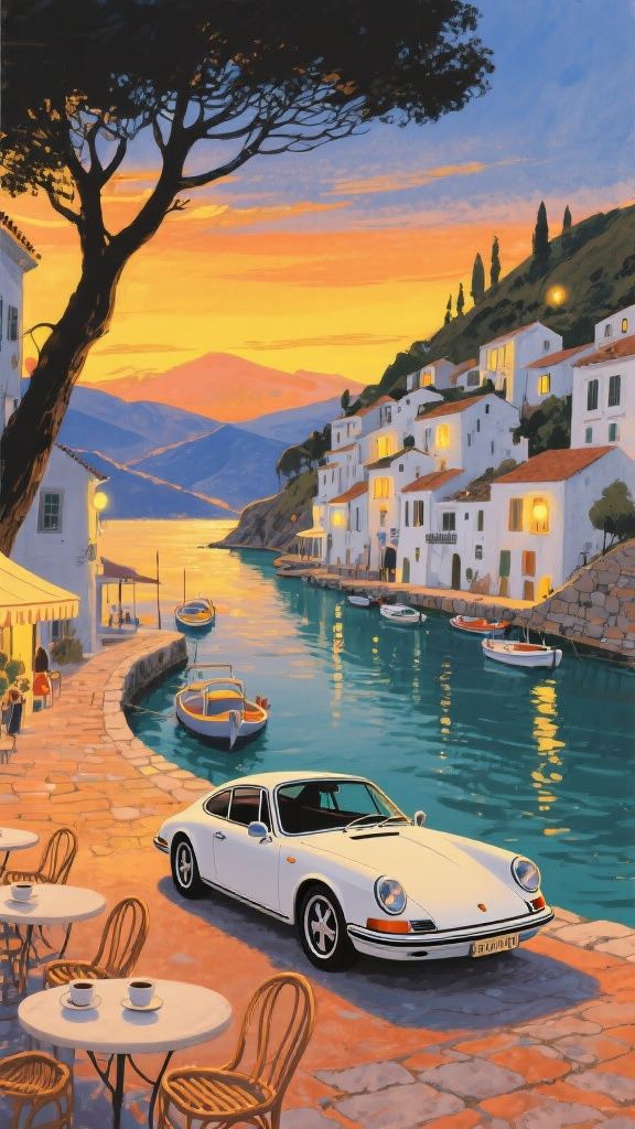 Ccddz – Romantic evening view of a Mediterranean coastal village at golden hour: warm golden lights from hillside whitewashed…