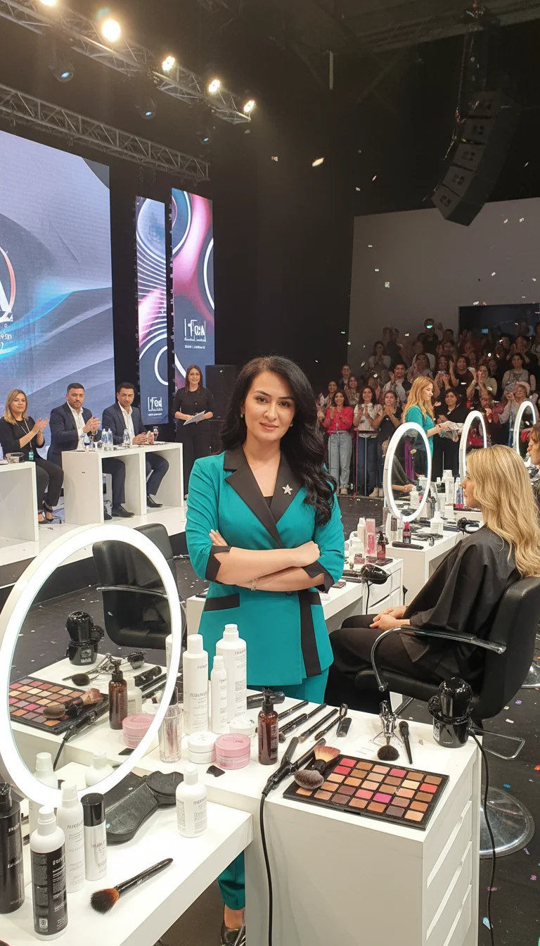 unknown 1111 – Integrate the woman from the provided portrait into a dynamic scene of a cosmetology competition. She is standing con…