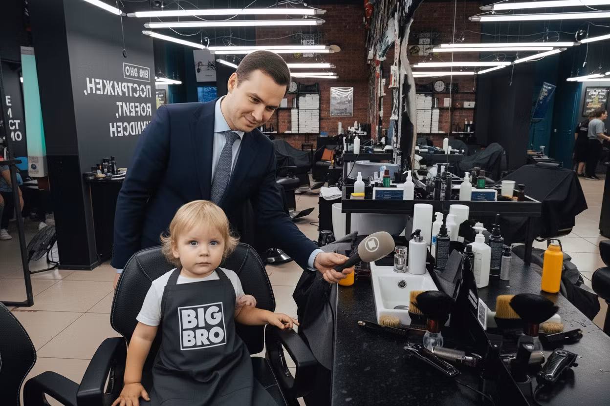 ViolenteRouse Евген – Position the Russian journalist closer to the child, standing directly to the left side of the barber chair, very clo…