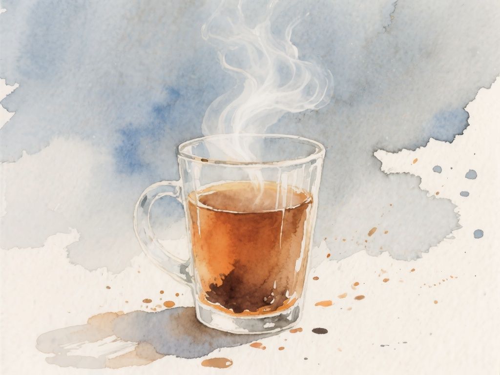 bluewallblacktile – Watercolor illustration of a steaming cup of masala chai in a glass tumbler, painted with soft bleeding washes of war…