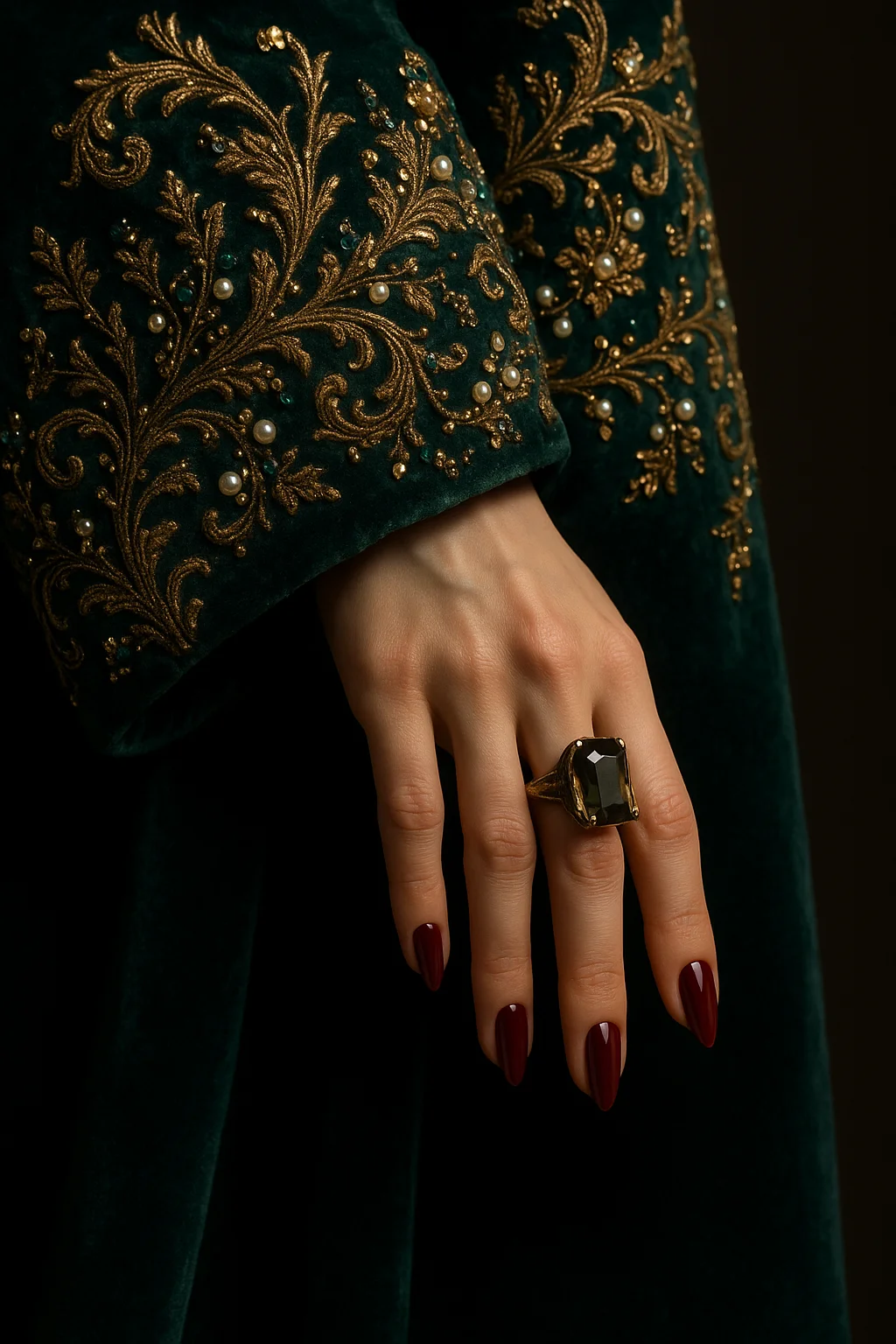 Kyro – Close-up of a luxurious garment sleeve meeting a delicately posed hand. The sleeve is crafted from rich velvet fabric…