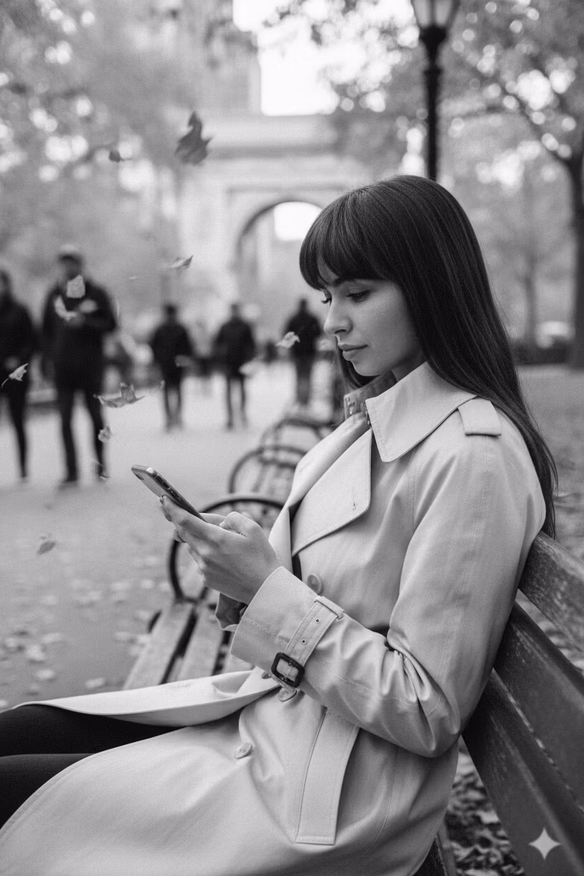 Olesaya Zavolskaya12 – A close-up portrait of a young woman with long dark hair and bangs, dressed in a stylish light trench coat with a tur…