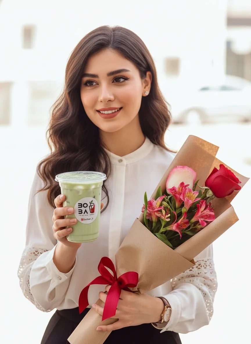 Mohammadsadegh Niazi – A beautiful young Persian woman elegantly holding a green matcha or milk tea drink in one hand and a stunning bouquet…