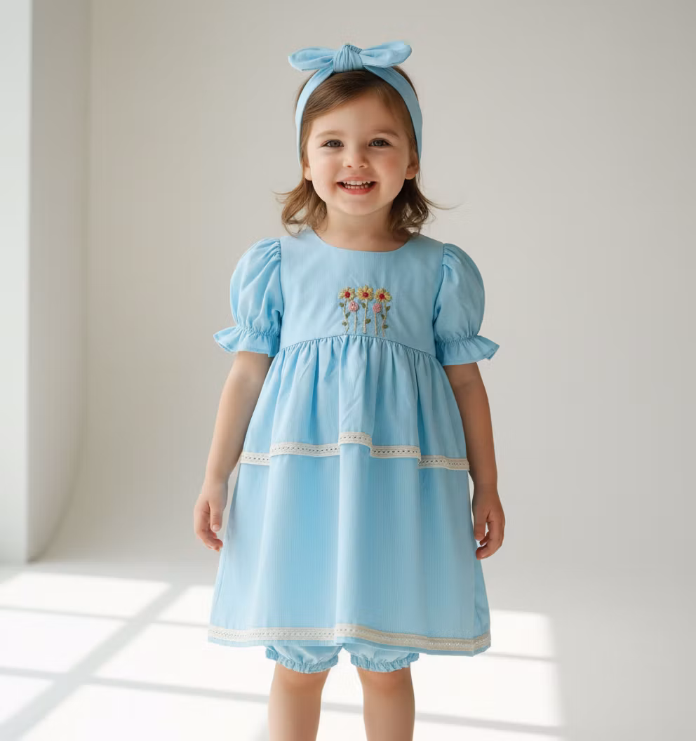 samir yosfiy – A charming 3-year-old girl model standing confidently in a front-facing pose, wearing a sky-blue cotton poplin toddle…