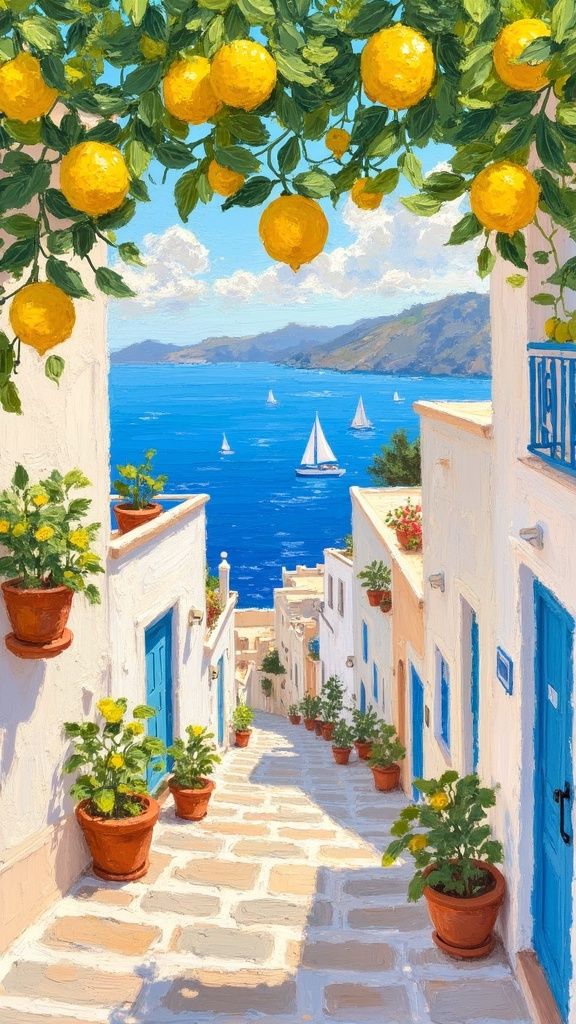 Ccddz – A picturesque Mediterranean coastal village bathed in warm sunlight, viewed from a narrow terrace with whitewashed bu…