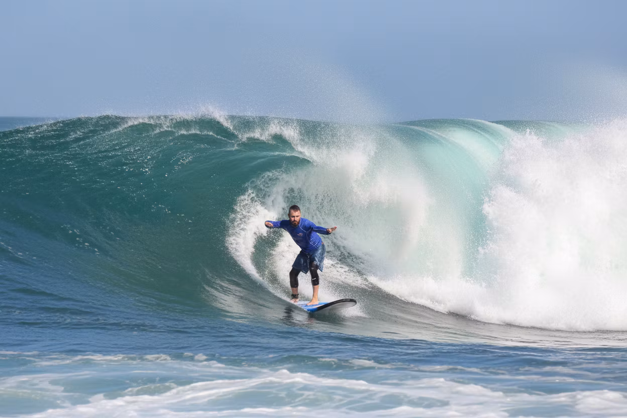 Pavel K – Transform this surfing scene by dramatically increasing the size and power of the waves. Create towering, impressive …