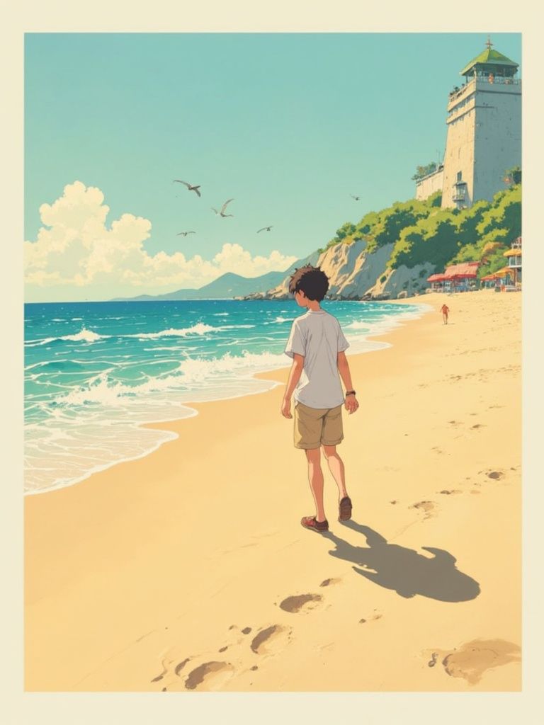 Hao Huang – A lone anime boy walking on a sandy beach, gentle ocean waves in the background, soft golden hour lighting casting wa…