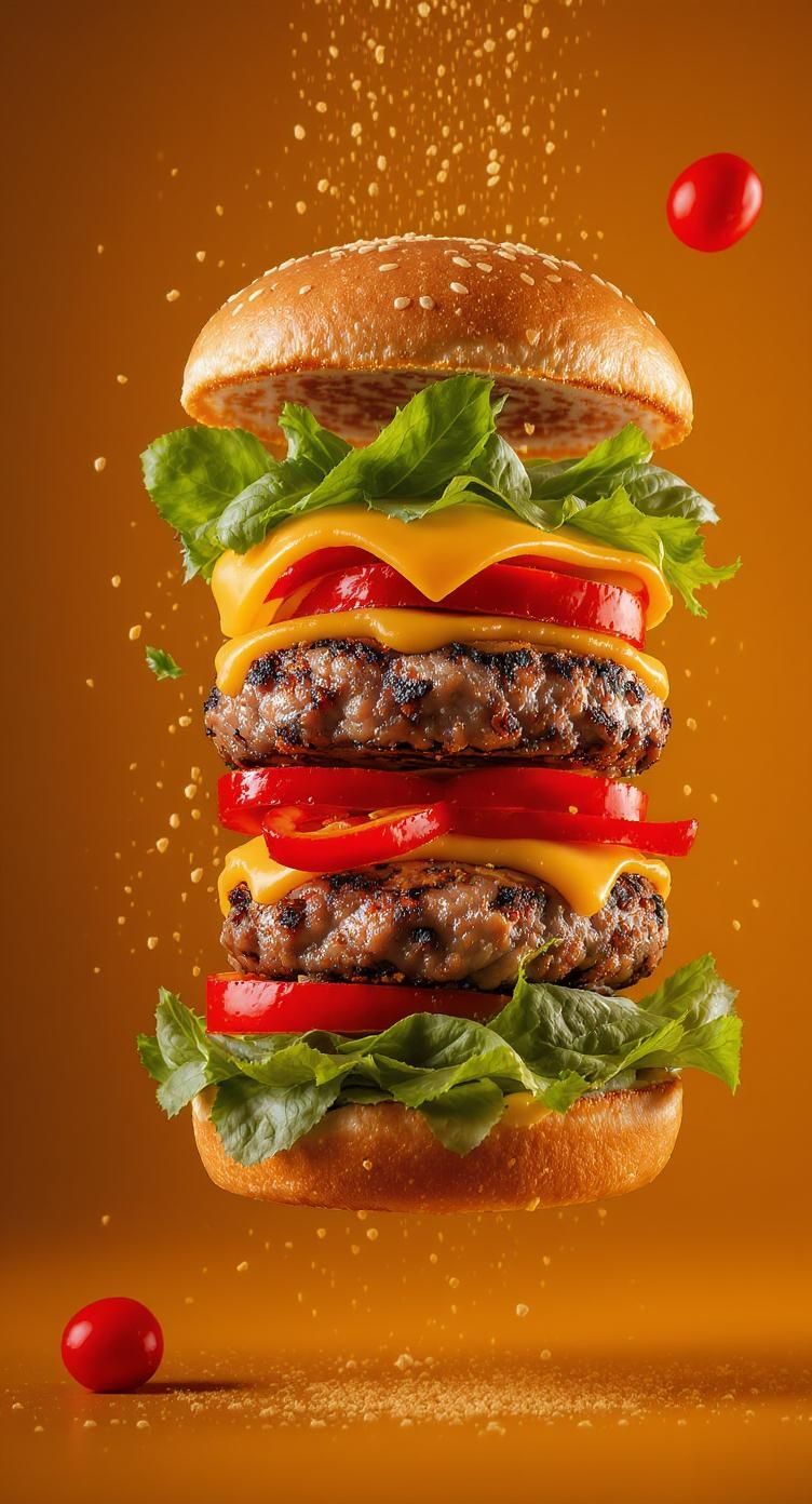 Kyro – Hyper‑realistic mid‑air exploded view of a single towering veggie burger, captured as an editorial food hero shot. Mu…