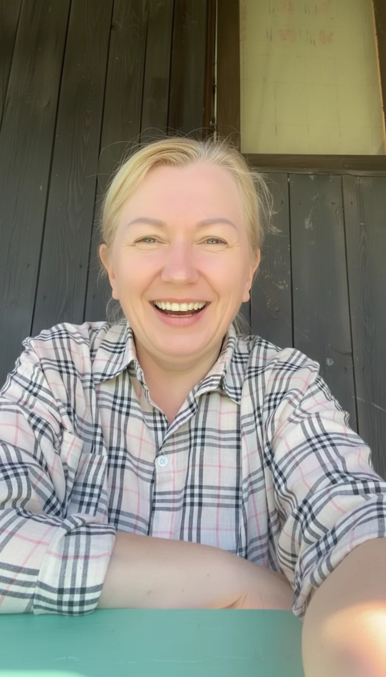 Ольга – Transform this person's frightened facial expression into a joyful, laughing expression. Make the eyes crinkled and s…