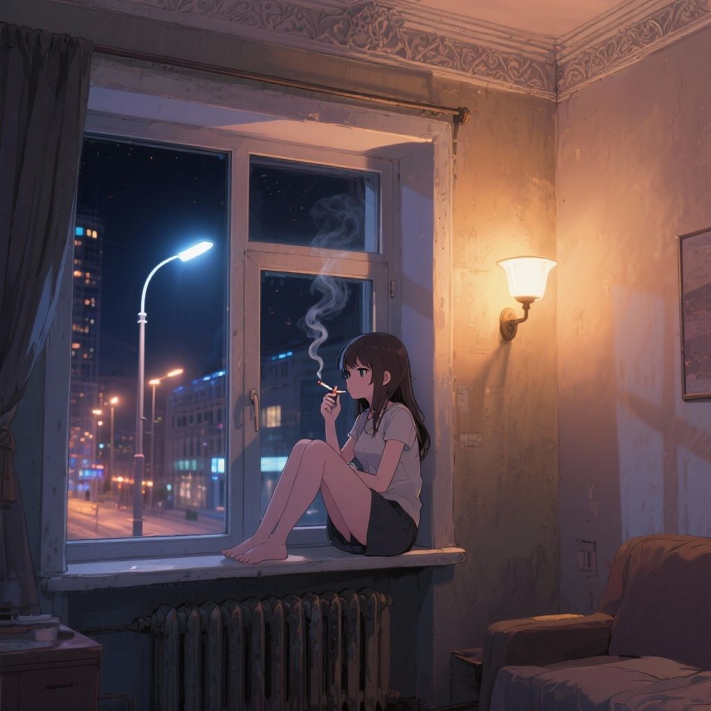 Влад Размыслов – Anime girl sitting by a window in a Russian apartment room on the second floor at night, smoking a cigarette. She's p…