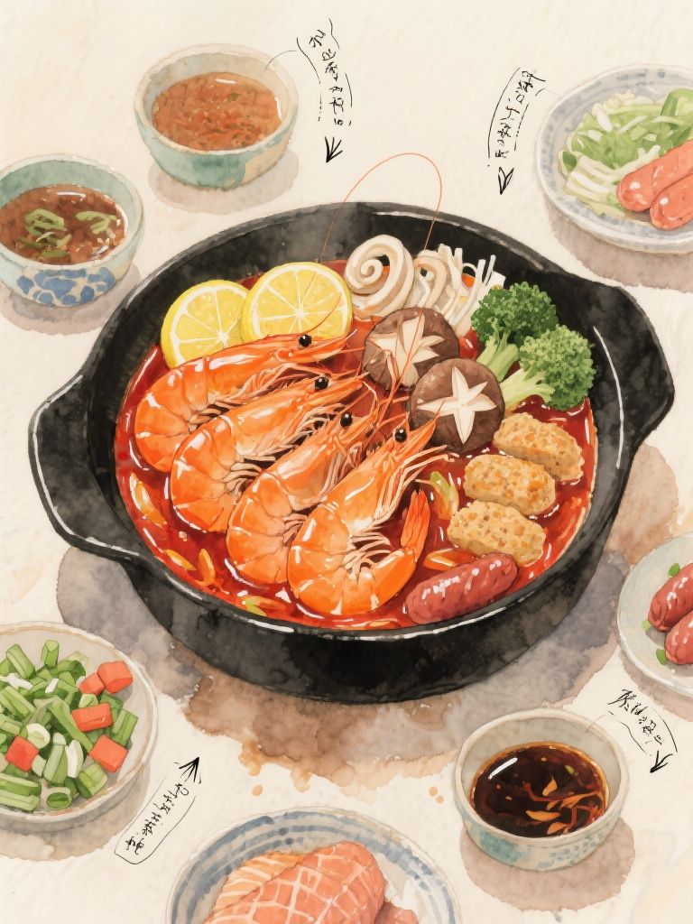 Ccddz – A warm and richly detailed watercolor illustration of a seafood hot pot in top-down overhead view, black pot filled w…