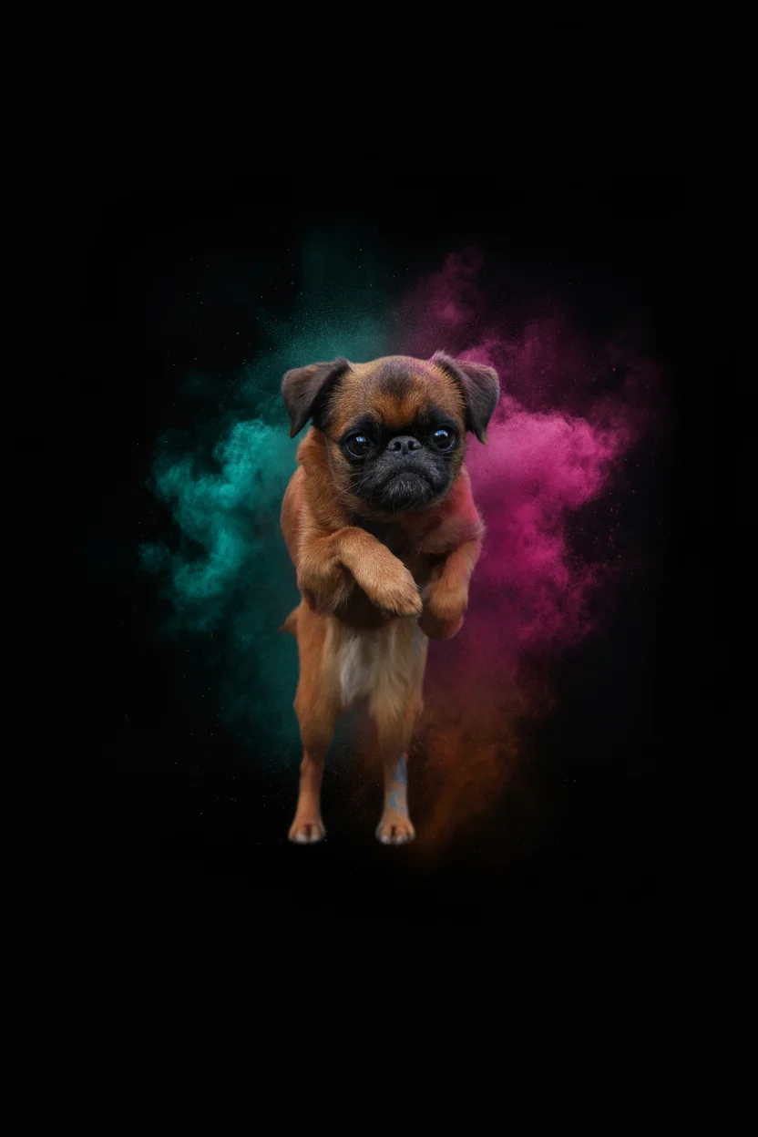 Татьяна «Skif Kelevra» Кауфман – A stunning high-resolution photograph of a small Petit Brabançon dog with reddish-brown coat leaping dynamically thro…