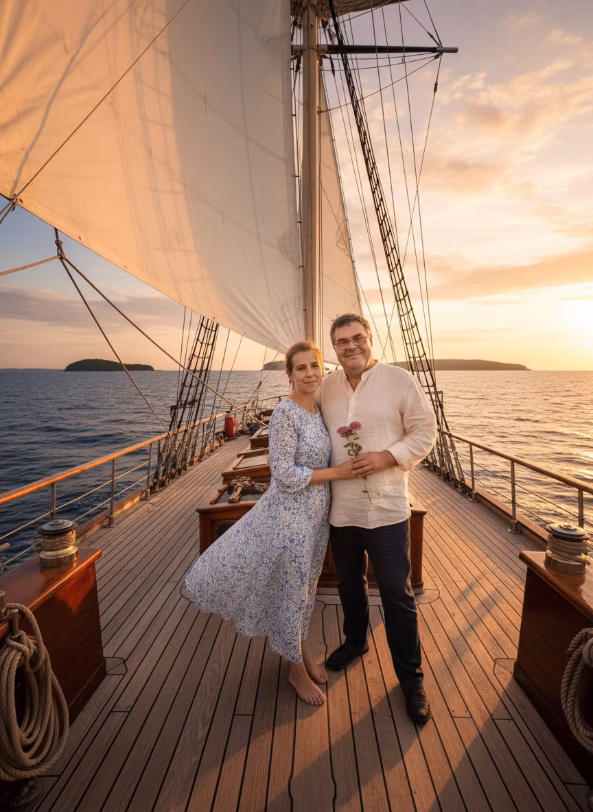 Лариса Примоченко – Transform this forest scene into a romantic maritime adventure. Place the couple on the deck of a beautiful sailing s…