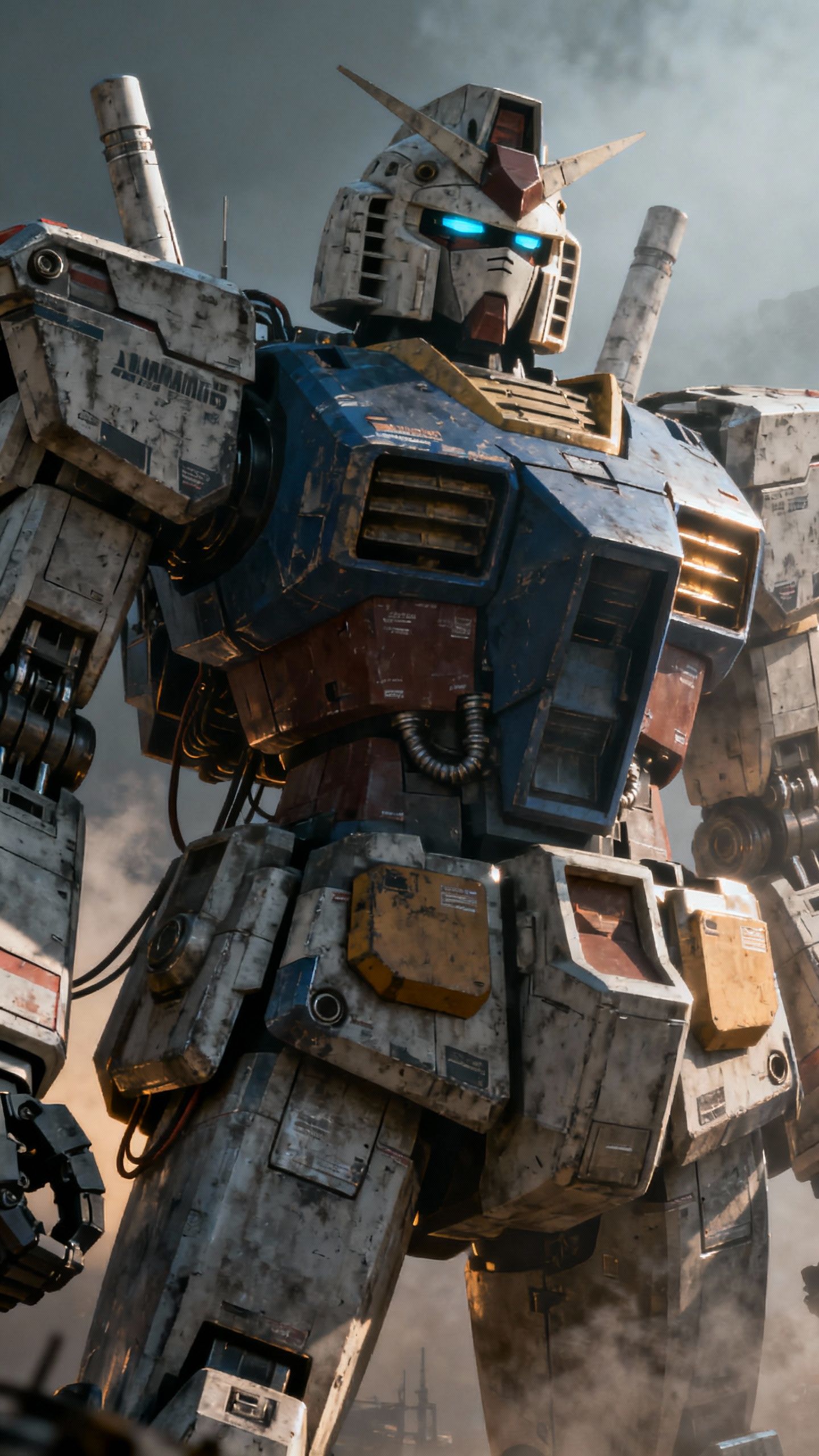 Kyro – Cinematic close-up shot of a towering Gundam mecha composed of intricate mechanical parts and armor plating, rendered…