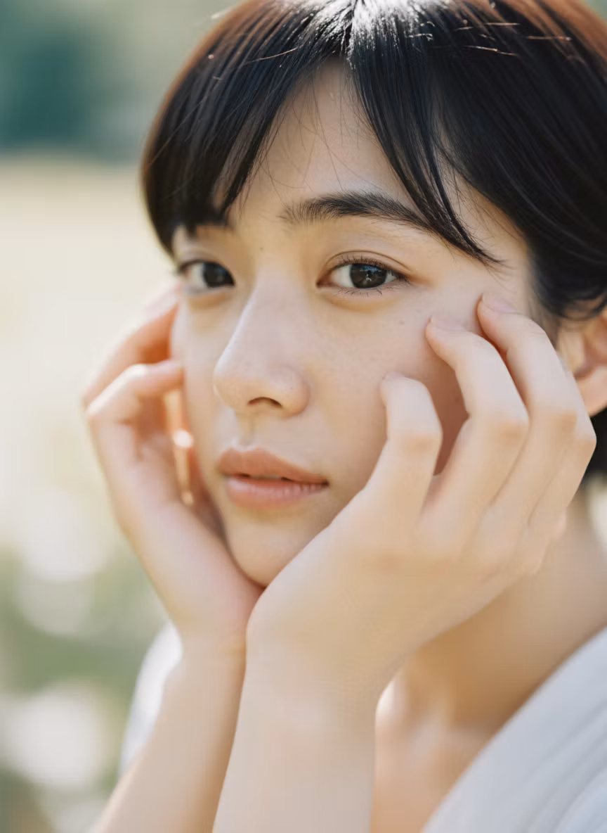grizzly – Japanese 写真 style intimate close-up portrait of a young woman with her face gently resting on her hands, creating a t…
