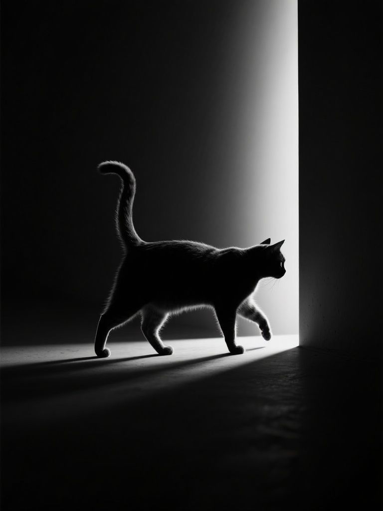 Ccddz – A minimalist, high-contrast black-and-white scene featuring a cat walking along a narrow beam of light coming from th…