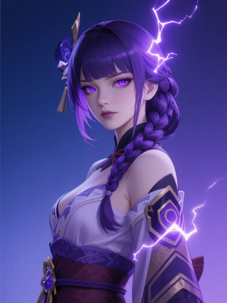 Ccddz – Modern stylized portrait of Raiden Shogun from Genshin Impact, half-body composition, elegant purple hair in traditio…
