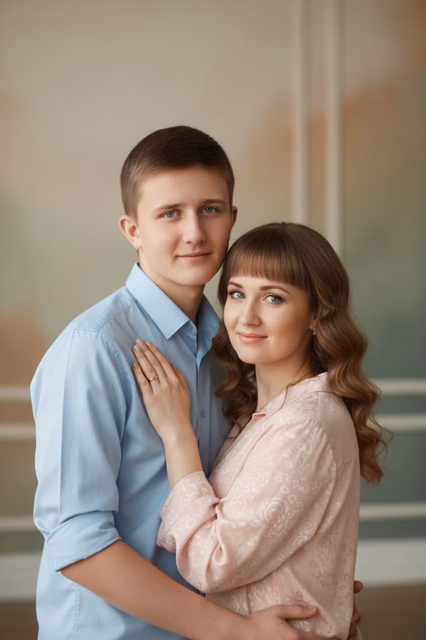 Ксения Павленко – Create a waist-up joint portrait merging the young man from the first image (son) on the left and the woman from the …