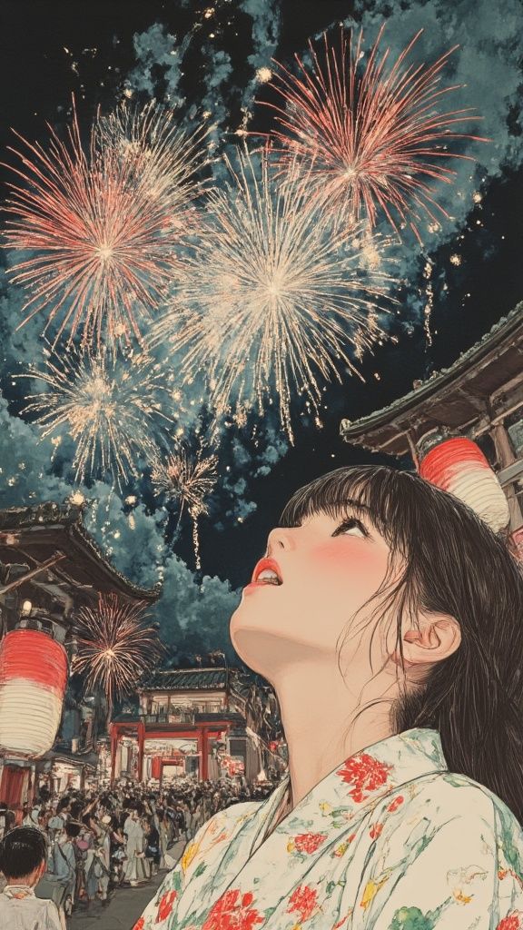 Kyro – A young girl wearing a beautiful floral yukata kimono, looking up with wonder and awe at spectacular colorful firewor…