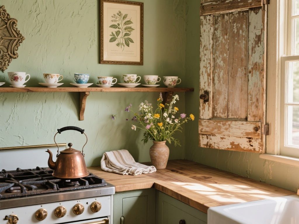 Ccddz – Sun-drenched vintage kitchen corner with distressed wooden door beneath floating shelf displaying antique teacup coll…