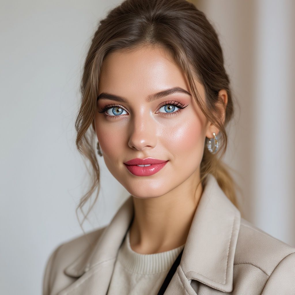 gintsmh – Portrait of a beautiful, stylish young woman with mesmerizing blue eyes, captured in soft natural lighting. She has f…