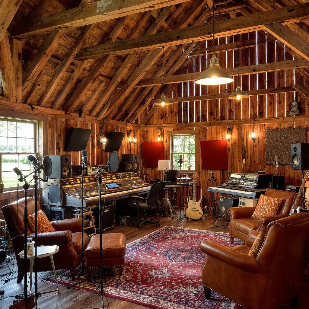 Sweet Songs – Professional recording studio interior inside a converted rustic barn, exposed wooden beams and weathered wood walls,…