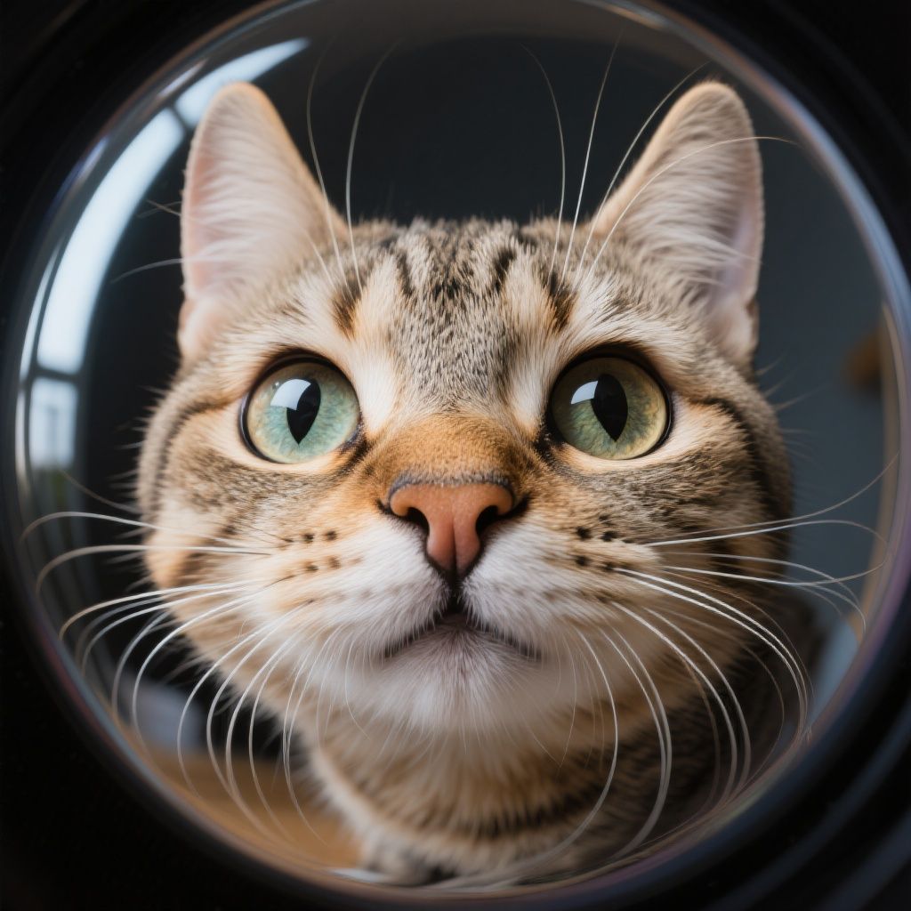 Kyro – Fisheye lens photograph of a cat's head, extreme wide-angle distortion effect, cat's facial features dramatically war…