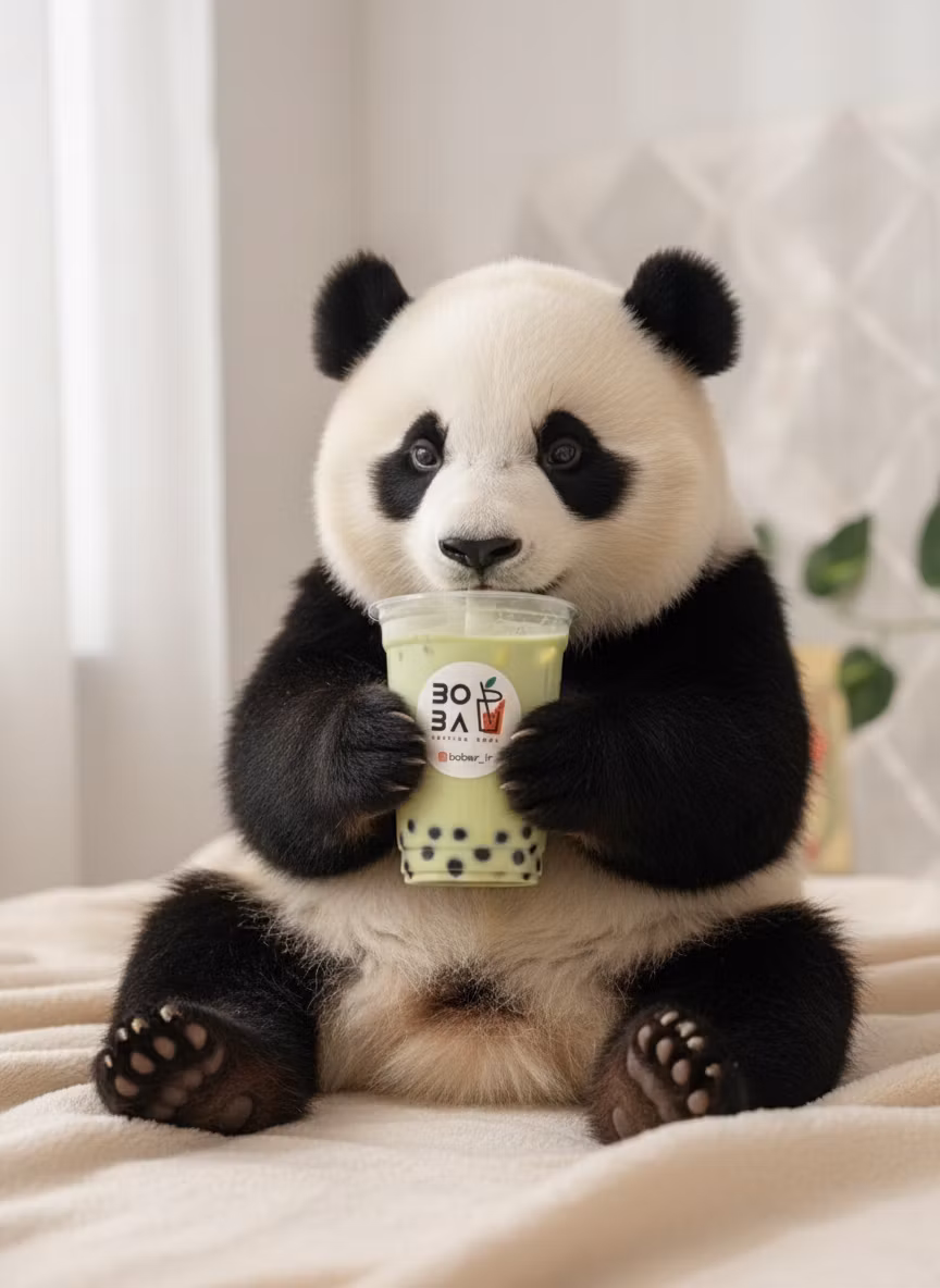Mohammadsadegh Niazi – A cute giant panda sitting comfortably and holding a light green matcha boba tea drink in a clear plastic cup with do…