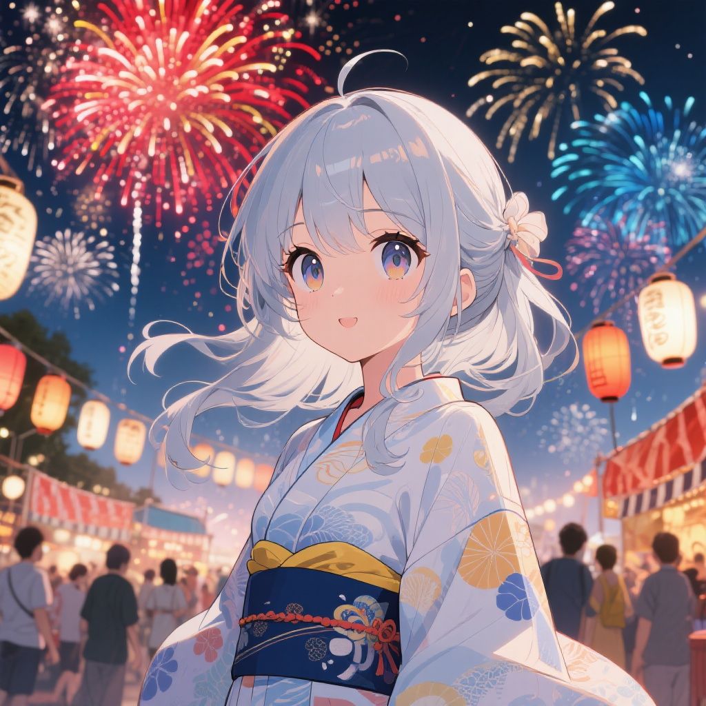 Victoria Liao – Anime style illustration of a beautiful girl with flowing silver hair at a fireworks festival. She has large expressi…