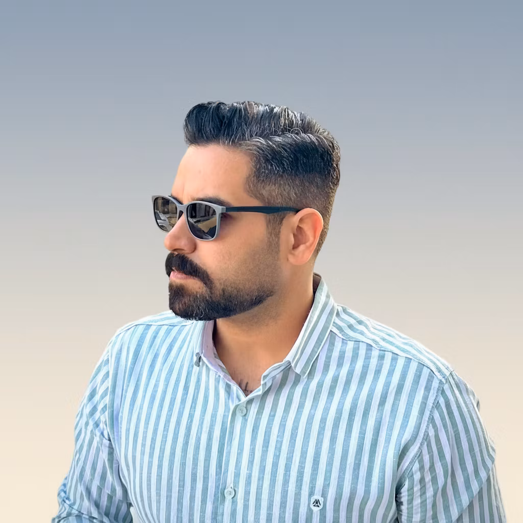 ZanjanMet – Keep the man's face, hair, beard, sunglasses, and striped shirt exactly as they are - do not change any facial featur…