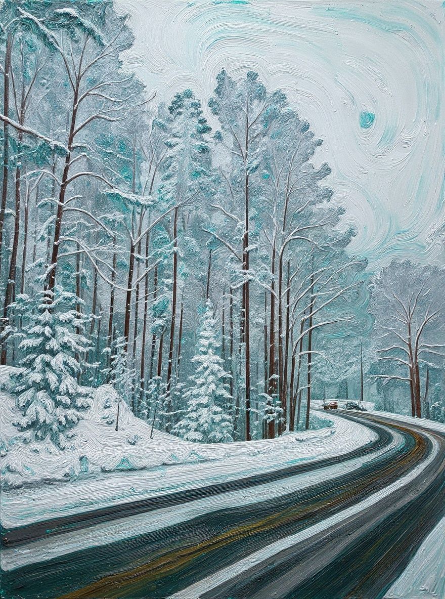 Mari – Transform this winter forest photograph into an oil painting masterpiece with bold, expressive brushstrokes. Paint th…