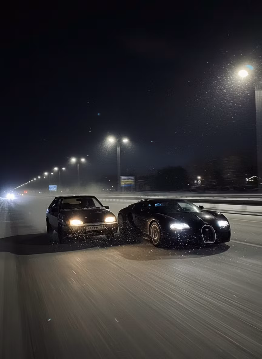 rOnd rOnd – Transform this winter night scene into a dynamic overtaking moment on a snowy highway. The ВАЗ-2114 hatchback should …