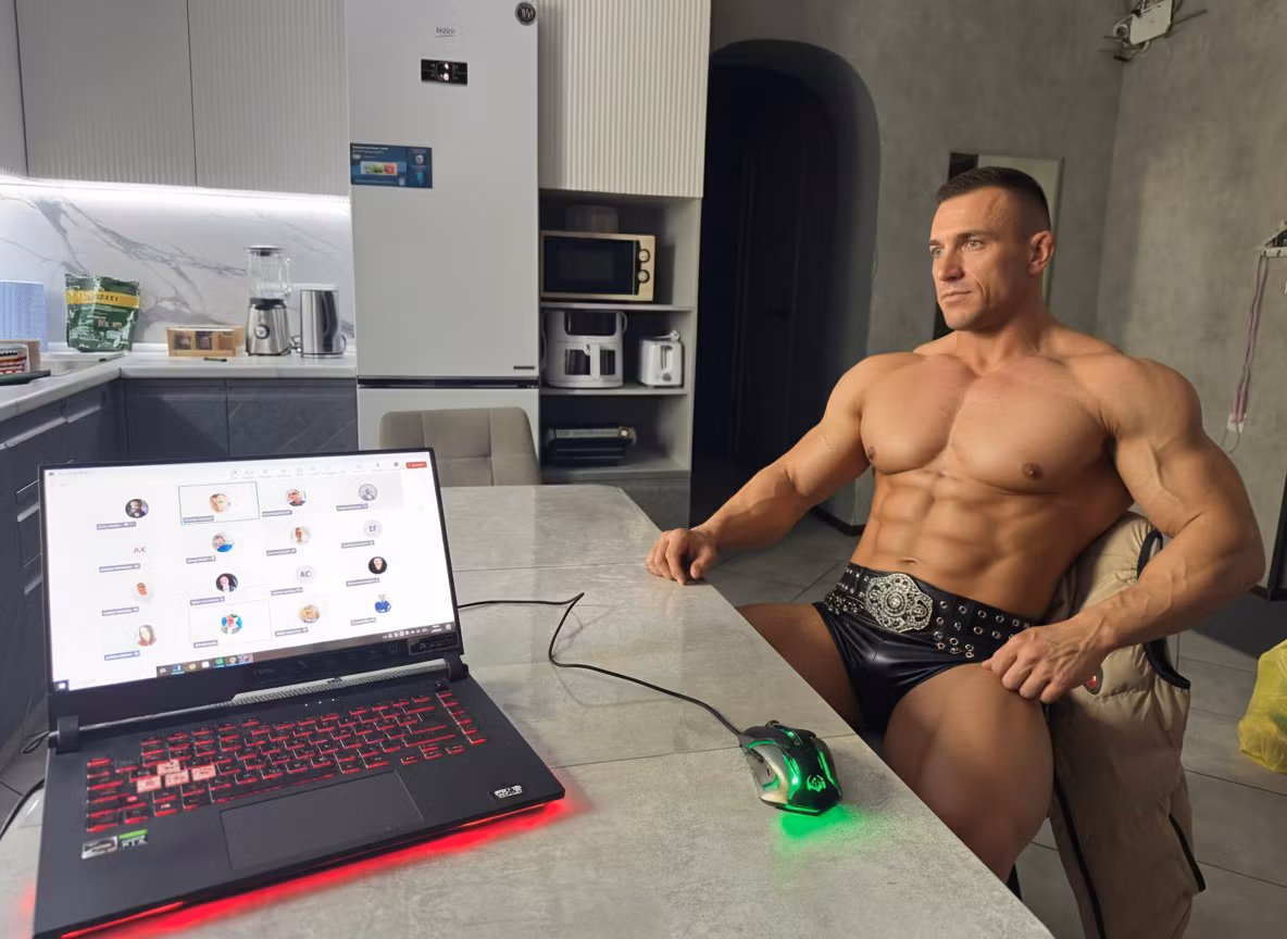 200 gb – Using the provided kitchen scene, add a muscular man sitting on the beige cushioned chair on the right side. The man …