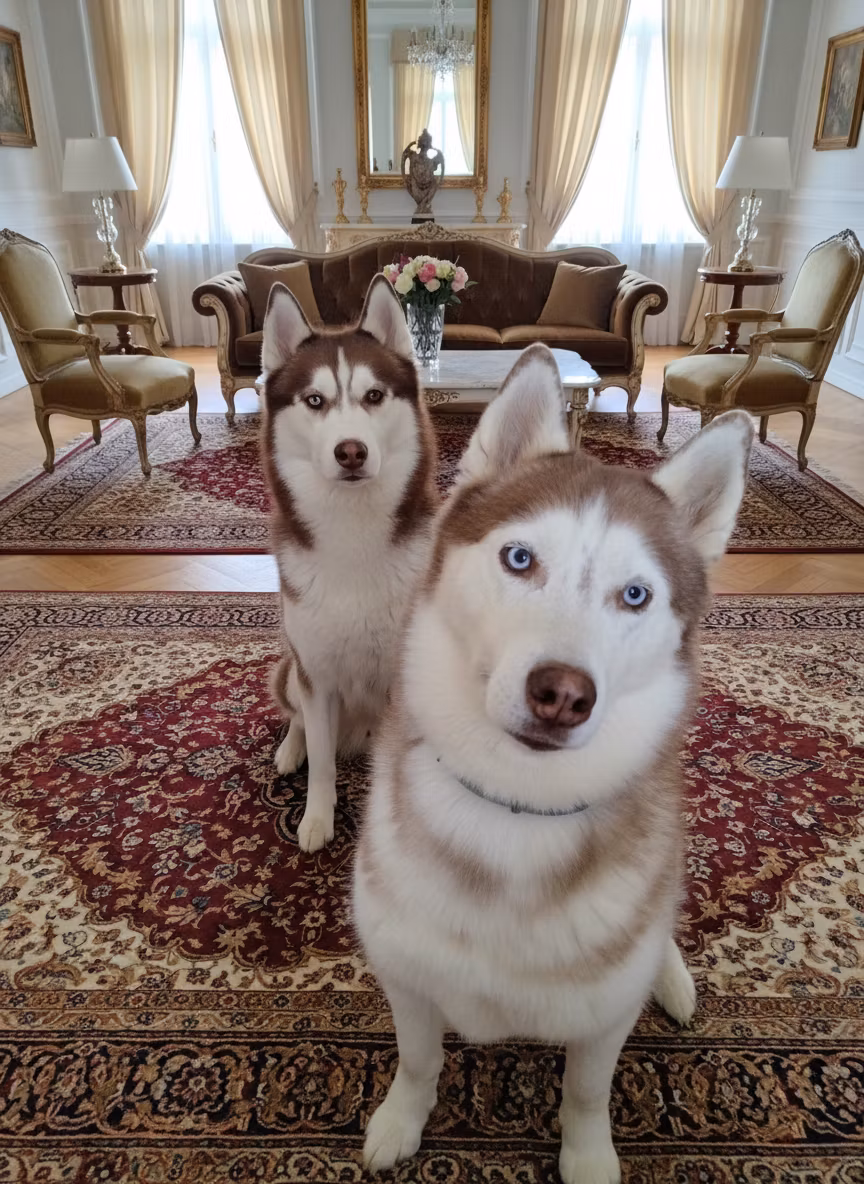 Светлана – Two beautiful Siberian Husky dogs sitting gracefully on an elegant ornate rug with intricate patterns in rich colors …