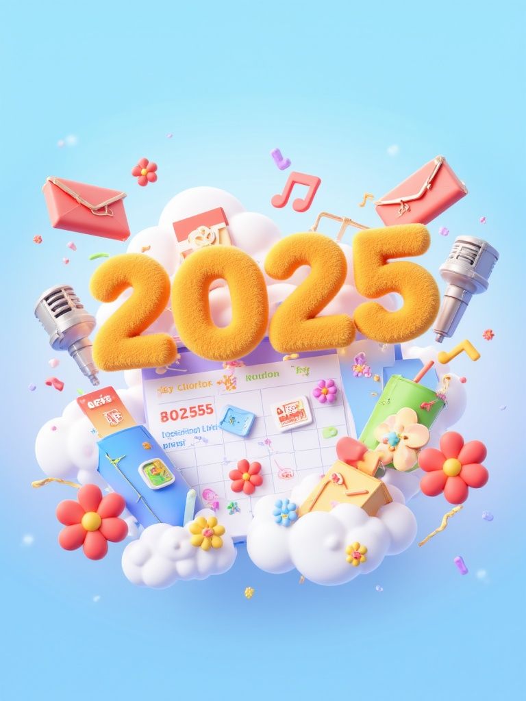 Kyro – Vibrant fun 3D Brand Trend illustration centered on giant furry textured numbers "2025" positioned on weekend themed …