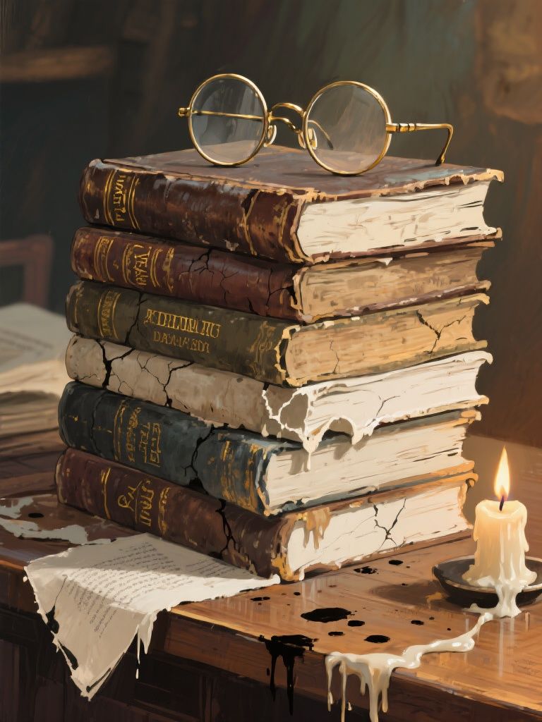 bluewallblacktile – Painterly illustration of a leaning stack of weathered old books with cracked leather spines and faded gold lettering…