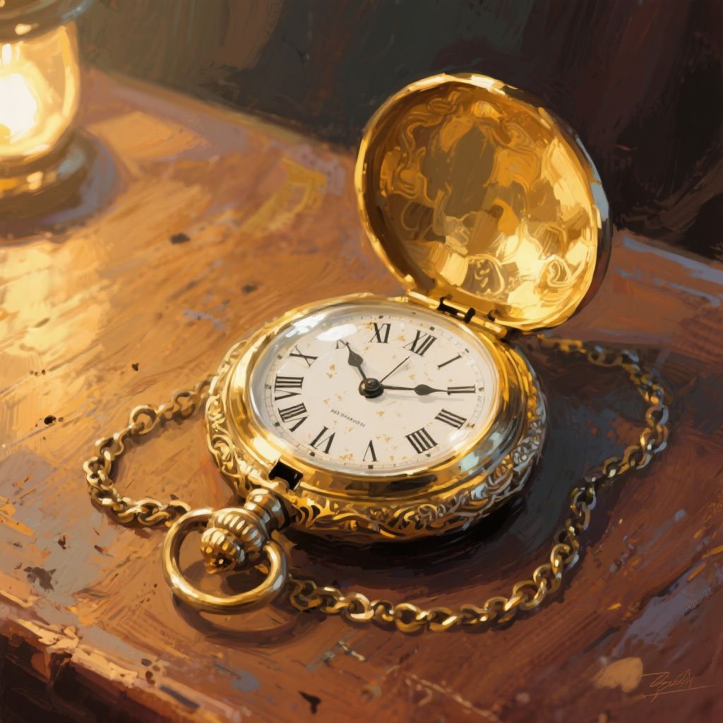 bluewallblacktile – Painterly illustration of an open antique pocket watch with ornate golden casing painted in layered metallic tones. W…