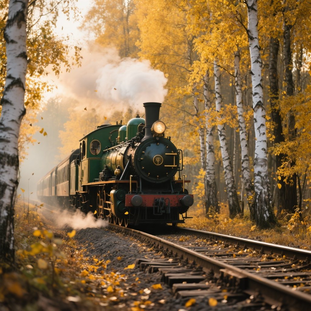M MVM – Vintage steam train traveling through autumn birch forest, golden yellow birch leaves falling, white bark birch trees…