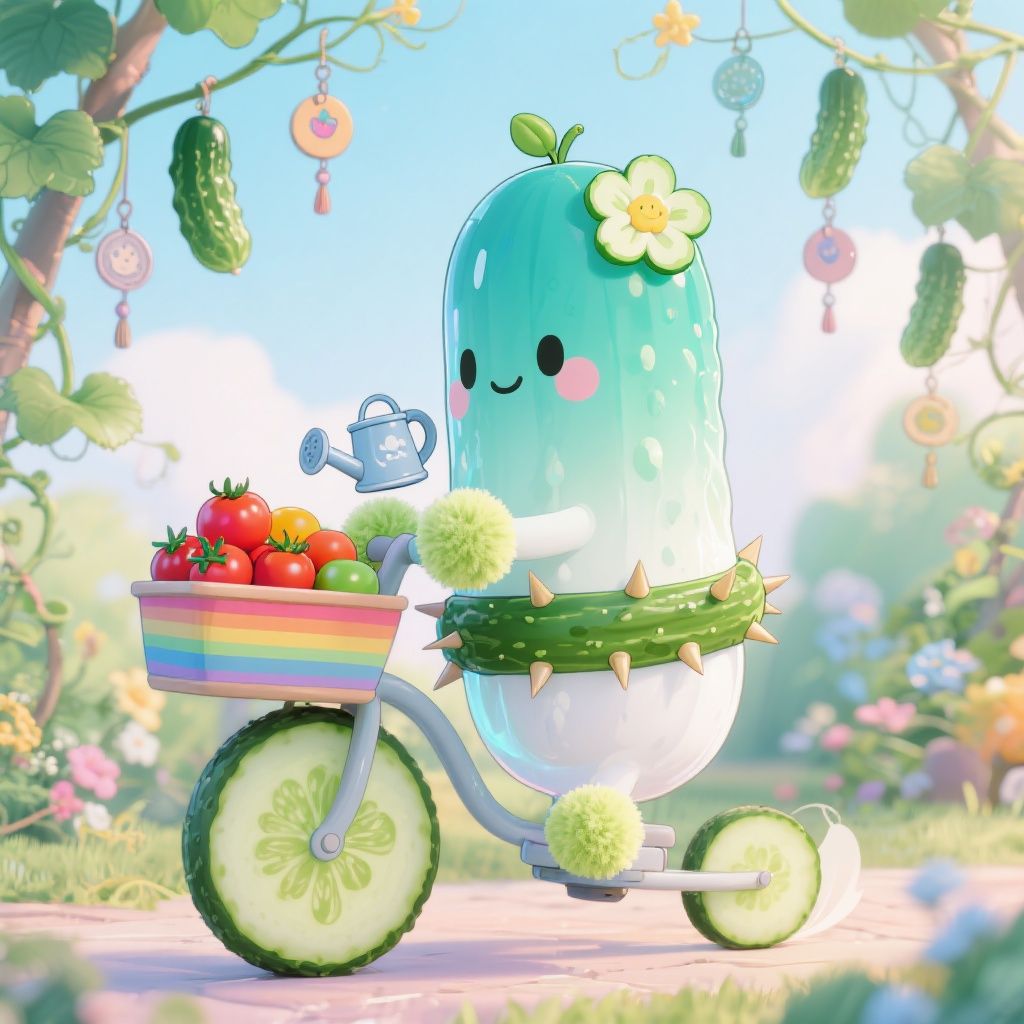 Lawjb Draw – Adorable anthropomorphic cucumber character with cyan-white gradient cylindrical body featuring translucent texture, …