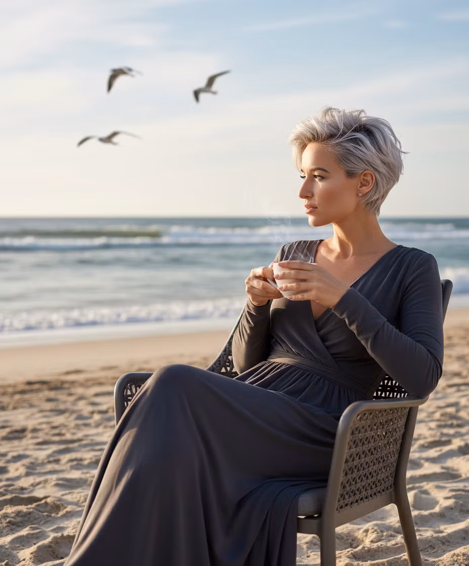Светлана – Elegant woman with short platinum blonde hair sitting in a comfortable modern armchair on a serene beach shore, holdi…