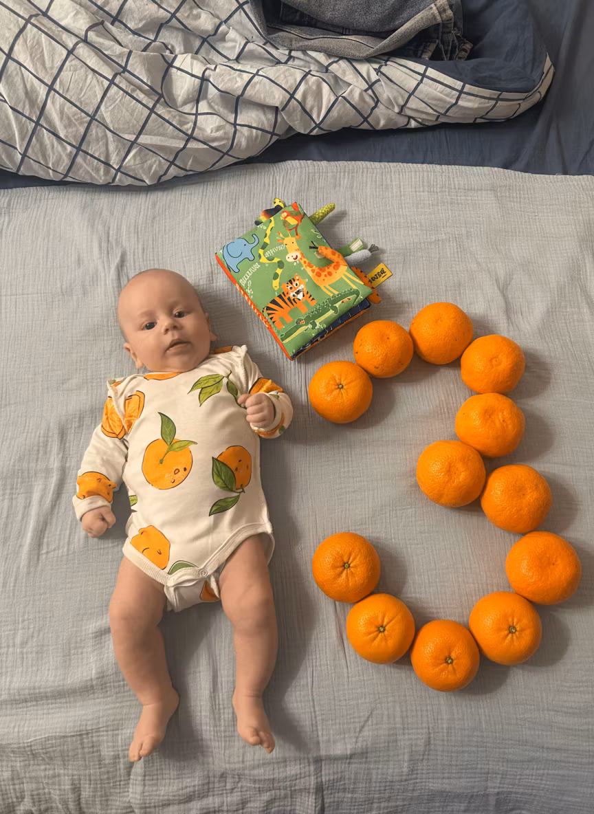 Владислав Соколов – Using the provided image of a baby lying on a light gray blanket, enhance and complete the number "3" made of mandari…