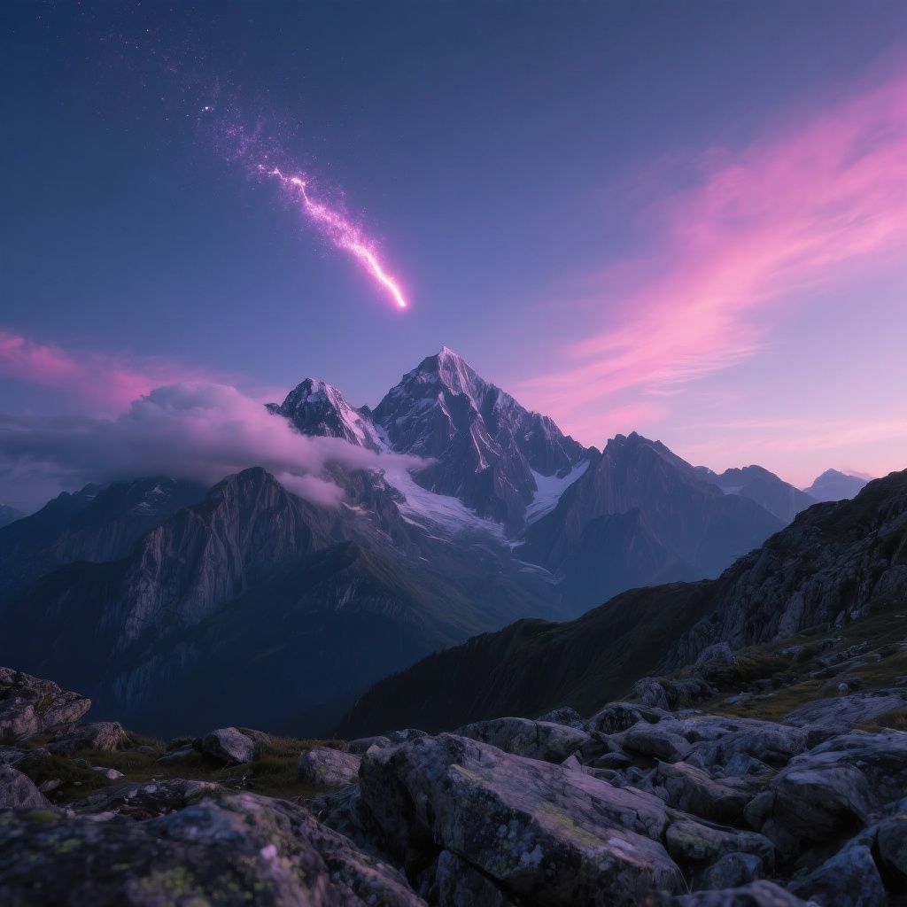 Meat Bee – Majestic Alpine mountain peaks silhouetted against a twilight sky, dramatic meteor streak blazing across pink and pur…