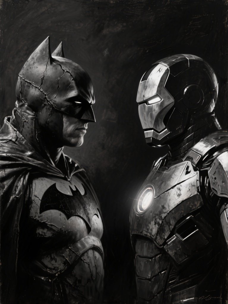 Kyro – Monochrome baroque portrait of Batman and Iron Man facing each other in dramatic Rembrandt-style chiaroscuro. Chest-u…